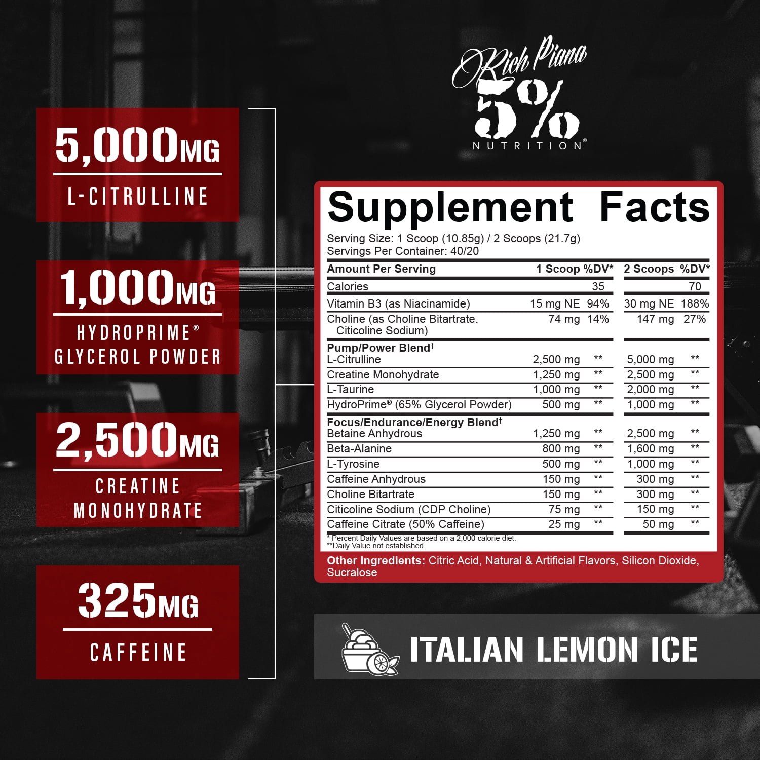 5% Nutrition Rich Piana Kill It Pre-Workout Powder Supplement with Creatine & Caffeine for Pump, 40 Servings (Italian Lemon Ice)