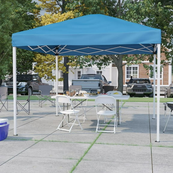 Flash Furniture Portable Tailgate/Event Tent Set - 10'x10' Blue Pop Up Canopy Tent, 6-Foot Bi-Fold Table, Set of 4 White Folding Chairs
