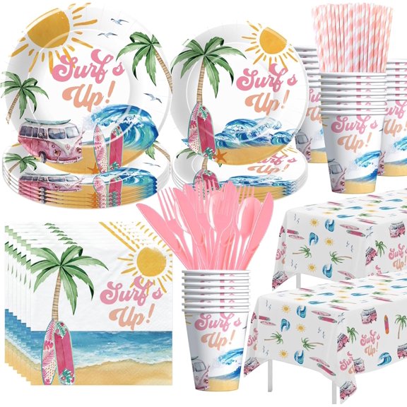 Surfs Up Party Decorations Tableware Girls - Pink Surf Birthday Party Supplies, Paper Plate, Cup, Napkin, Cutlery, Tablecloth, Summer Hawaiian Beach Surfing Birthday Decorations | Serve 24