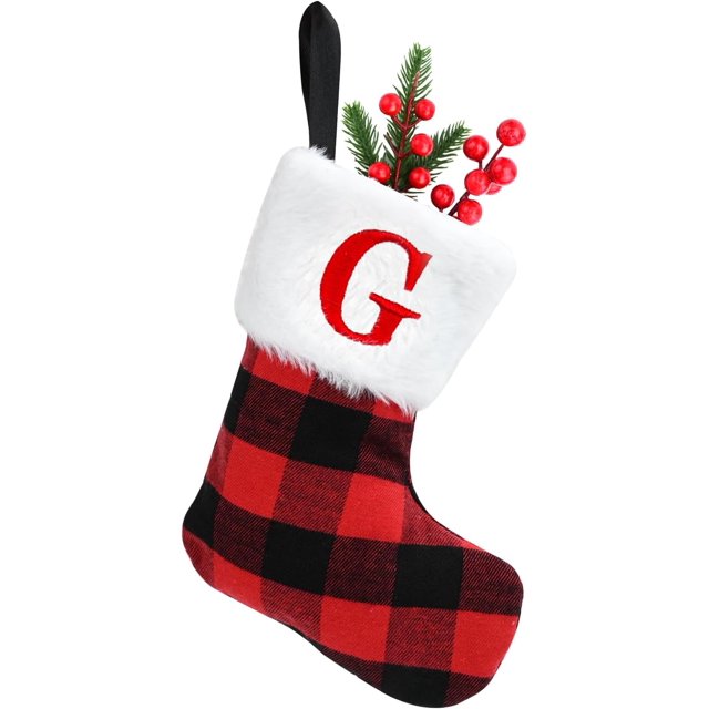 Medias navideñas de 7 pulgadas Medias navideñas clásicas con cuadros escoceses rojos Medias navideñas con letras Medias colgantes con puños de felpa de piel sintética