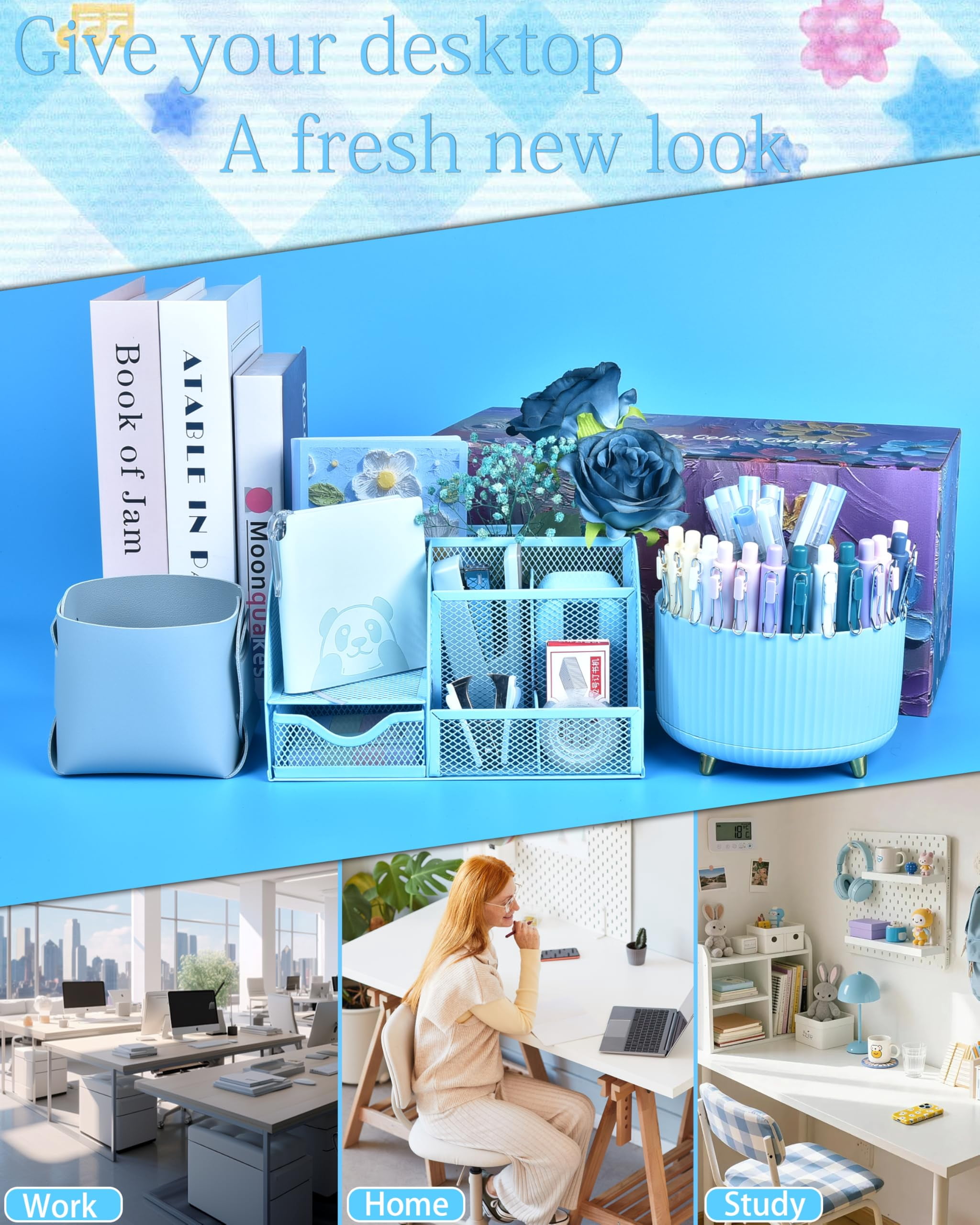 Blue Desk Accessories And Organizers With Organizer 360°rotating Pen Holder Stapler A Lot Of Office Supplies Beautifully Presented In Gift Box