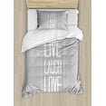 thumbnail image 1 of Live Laugh Love Twin Size Duvet Cover Set, Greyscale Polygonal Pattern Background with Rectangular Frame Quote, Decorative 2 Piece Bedding Set with 1 Pillow Sham, Pale Grey White, by Ambesonne, 1 of 3