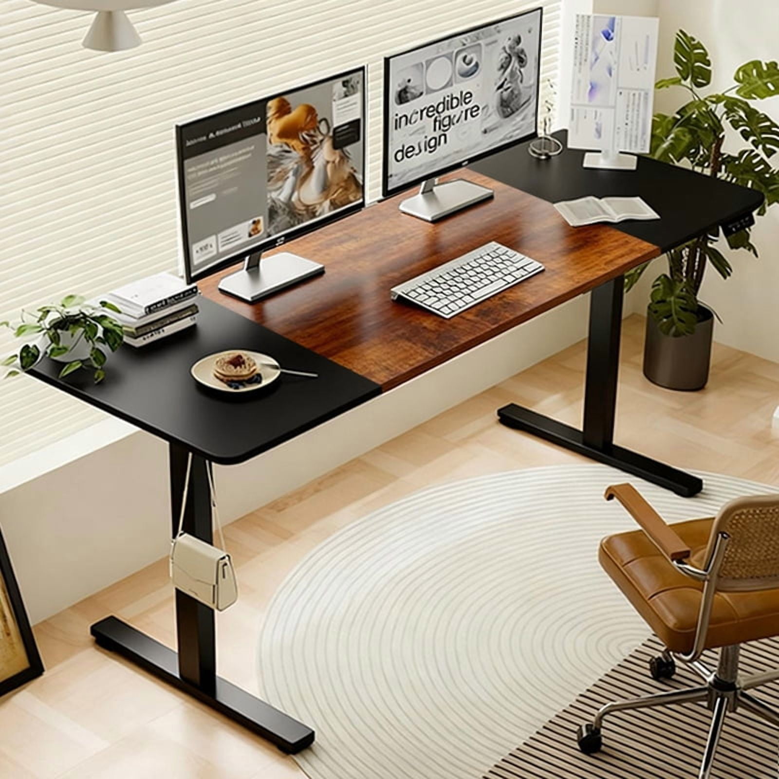 55" Electric Standing Desk,Office Table & Sit Stand Up with Adjustable Height,Rising Desks for Home Office,USB,LED,4 Programmable Memory Buttons (Black+Brown)