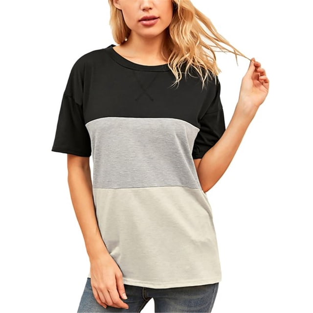 T-shirt pour Femmes à Blocs de Couleur, Manches Courtes, Col Rond, Haut T-shirt à Col Rond pour Femmes, Blouse à Col Rond, Noir Coloré, P