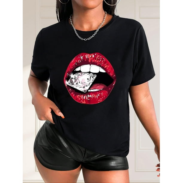 Camisetas de verano para mujer, con estampado, lindo, holgadas, atléticas, de manga corta, casual, 2025Lips Graphic Short Sleeves Sports Tee, Round Neck Workout Causal T-shirt Top, Women's Activewea