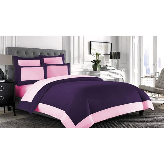 Ultra Soft 1000 Series 3 Piece Designer Border Reversible Egg Plant & Pink King Duvet Cover with Zipper Closure Double Brushed Egyptian Cotton Breathable
