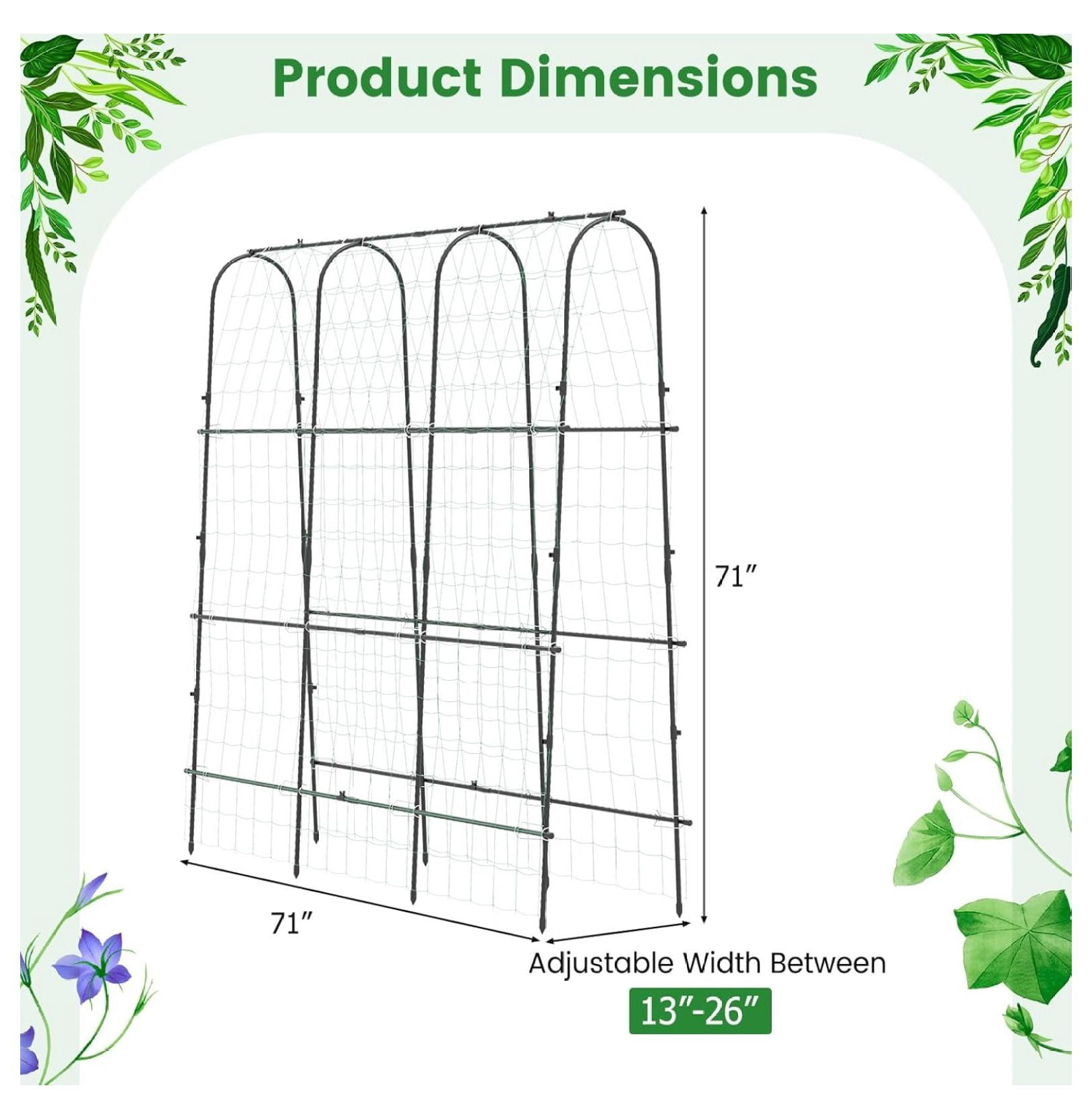 71" x 71" Cucumber Trellis for Raised Bed, Garden Arch Trellis Metal Plant Support Frame with Netting, Sure-Clips & Ground Stakes, U-Shaped Garden Trellis for Climbing Plants Outdoor