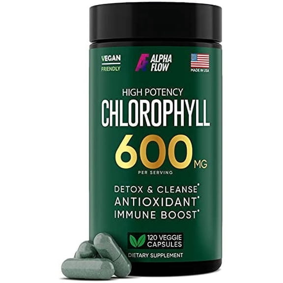 ALPHA FLOW 600 mg High Potency & Vegan Chlorophyll Capsules with Antioxidants for Immunity and Energy, 120 Capsules