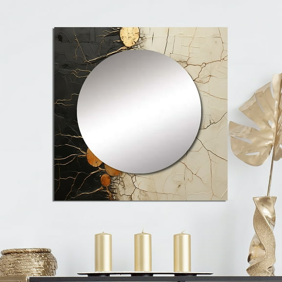 Designart "Adorned Gold and Black Pottery IV" abstract spirals White Large Square Mirror - Square Bedroom Mirror Printed Wall Decor - Modern Square Printed Wall Mirror Art