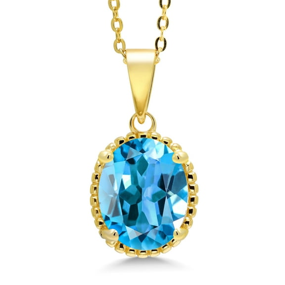 Gem Stone King 18K Yellow Gold Plated Silver Swiss Blue Topaz Pendant Necklace for Women (4.00 Cttw, Oval 11X9MM, Gemstone November Birthstone, with 18 inch Silver Chain)