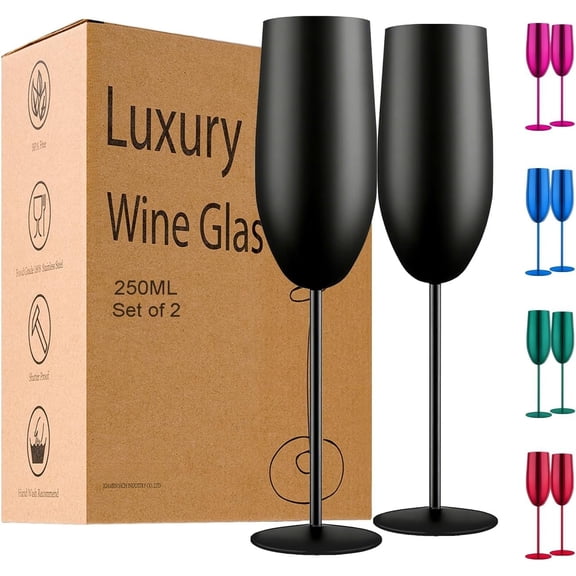 Champagne Glasses Set of 2 Stainless Steel Champagne Flutes Wedding Gifts for Bride 8.5 oz Unbreakable Champagne Glasses for Party Wedding Christmas Anniversary Brithday (Matte-Black)