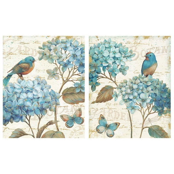 Gorgeous Teal and Cream Watercolor-Style Hydrangea Florals and Buterfly Prints by Daphne Brissonnet; Two 12x12in Poster Prints