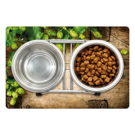 Plant Pet Mat for Food and Water, Hop Twigs on an Old and Cracked Wooden Board Fresh Picked Whole Hops Brewing, Non-Slip Rubber Mat for Dogs and Cats, 18" X 12", by Ambesonne