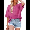 thumbnail image 2 of Blusas de Punto Gofre para Mujer, Moda 2025, Blusas de Patchwork Extragrandes con Cuello Redondo y Mangas 3/4, Color Rosa y Rojo M, 2 of 6
