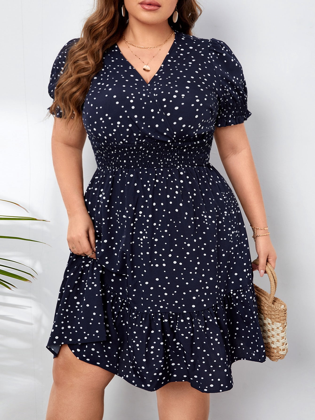 Polka Dot Print Shirred Waist Dress 1XL 