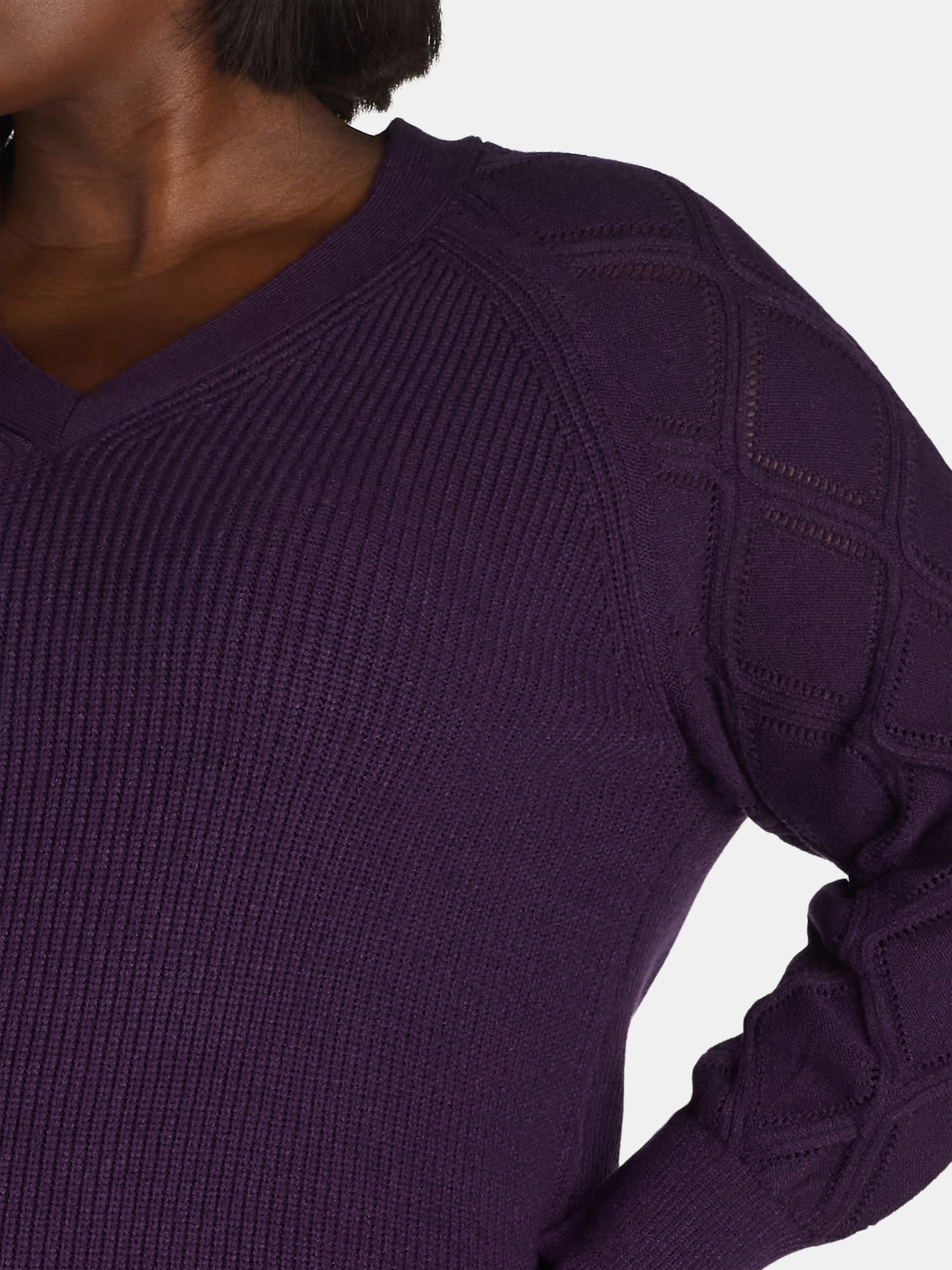 Terra & Sky Women's Plus V-Neck Pointelle Knit Sweater, Midweight, Sizes 1X-5X