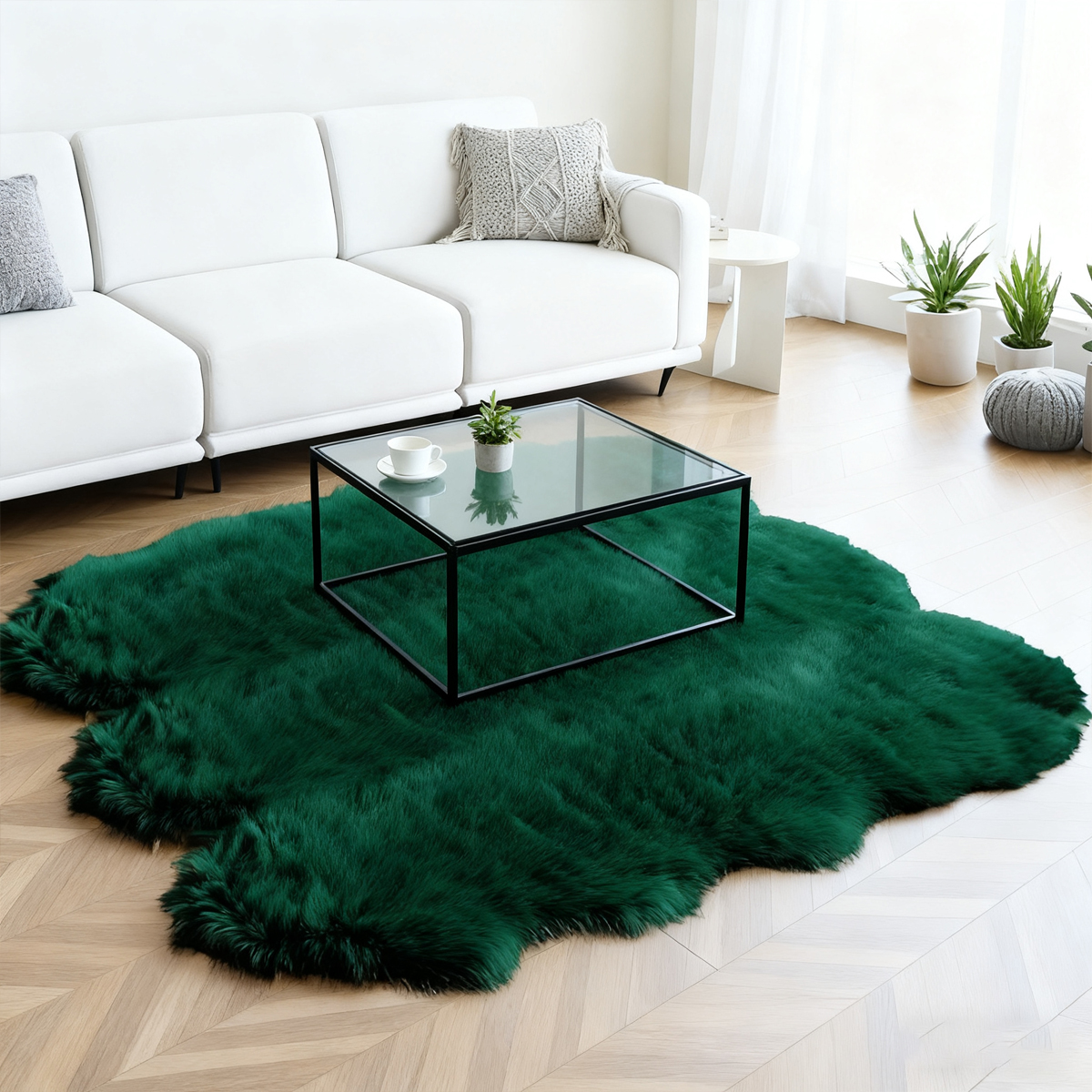Faux sheepskin area rug 6'x6', green machine-washable plush rug, suitable for placing beside the bed in the bedroom, living room, or kids' room