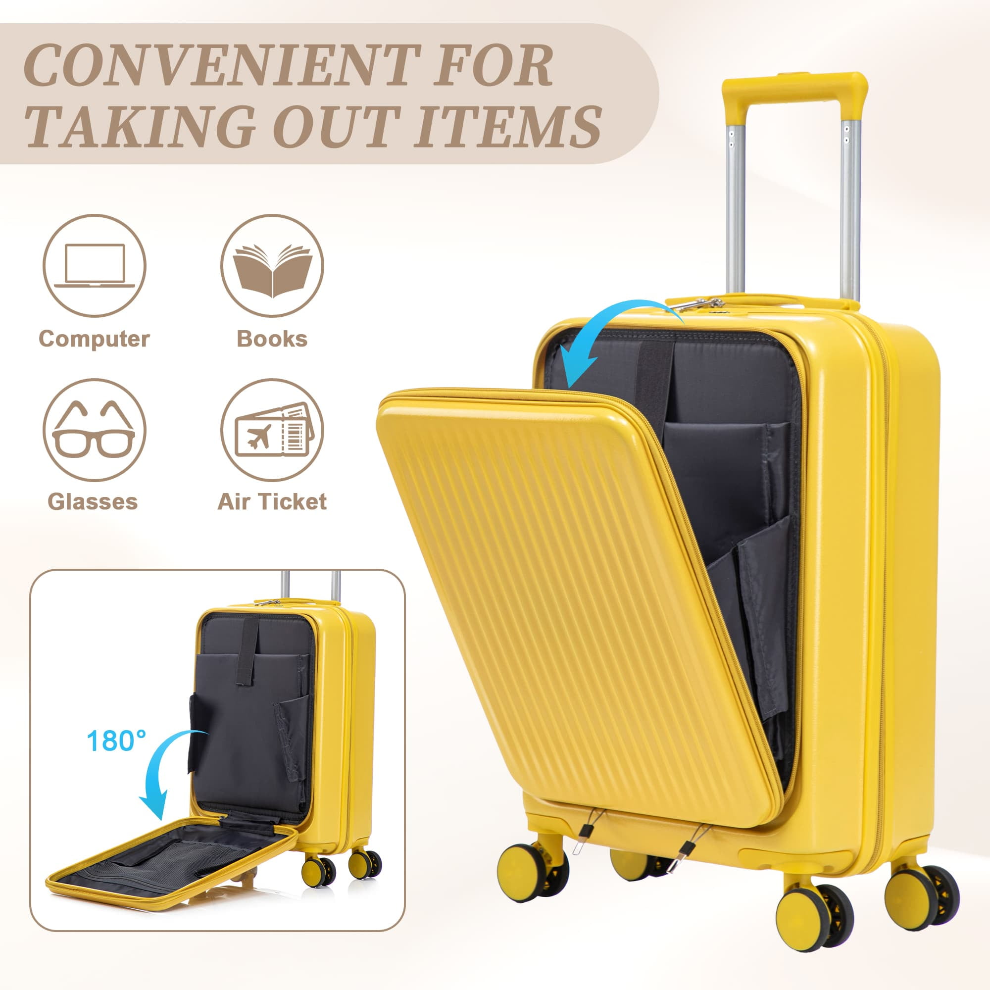 Leumius 2 Piece in ABS Spinner WheelLuggage Sets, HardsideSuitcase with CombinationLock,20 inch Carry OnLuggage 14 inch CosmeticCase,Yellow