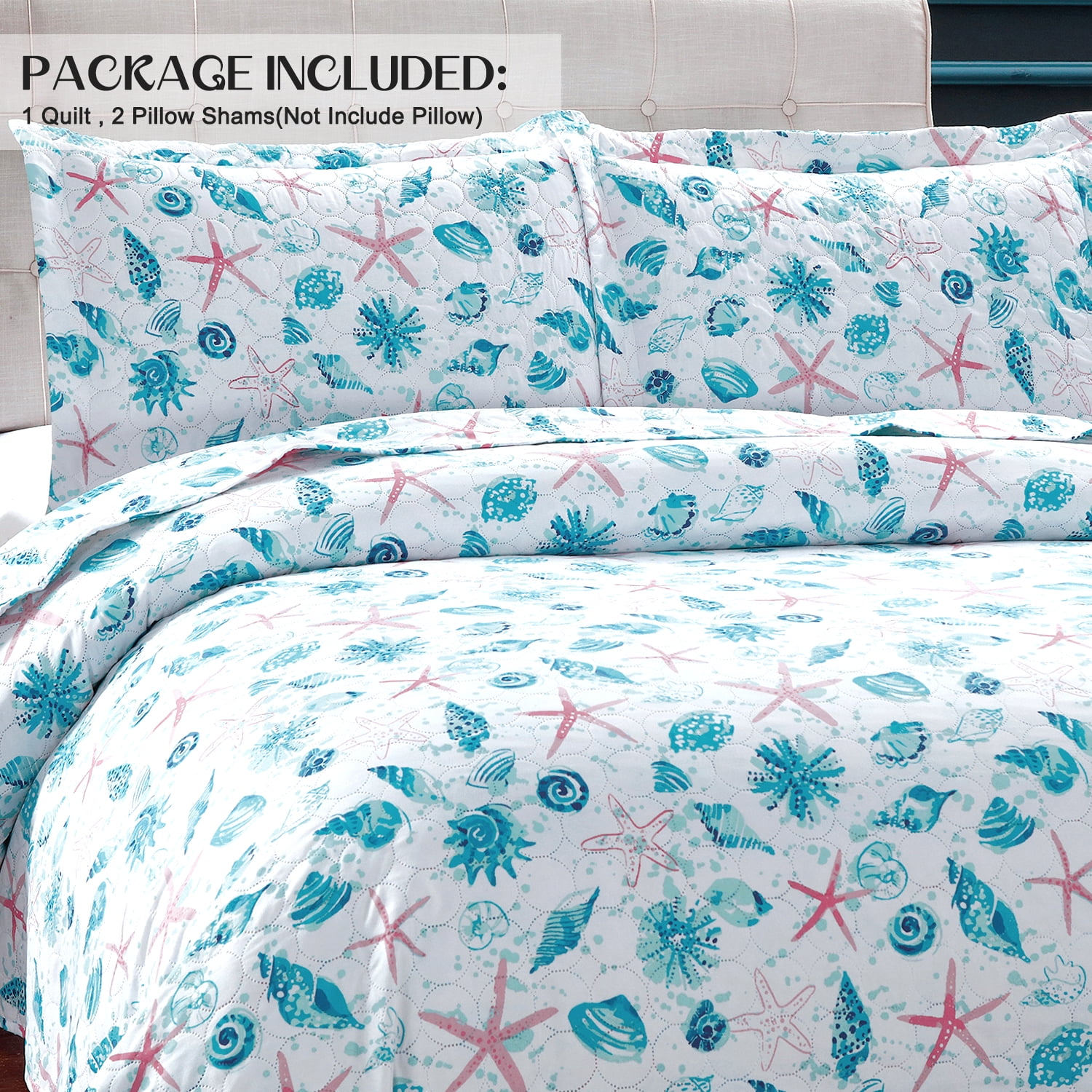 Kebury Coastal Beach Theme Quilts Bedding Set King Size Lightweight Patchwork Ocean Bedding Coverlets Conch Blue Seashell Starfish Seaweed Bedspreads (1 Quilt, 2 Pillow Shams)