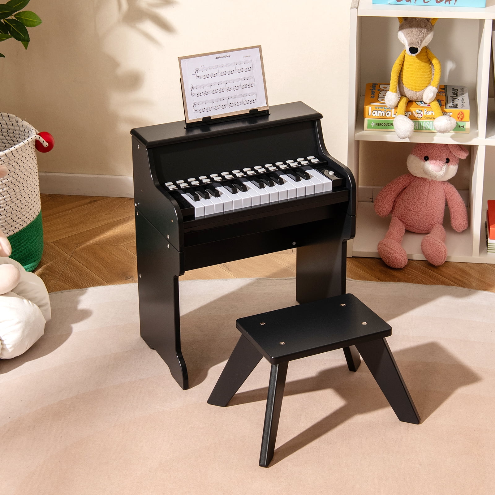 Patiojoy 25 Lighted Keys Kids Piano Keyboard with Stool Mini Digital Piano Wooden Toy Black