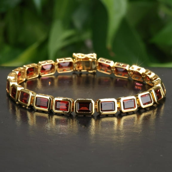 Hitanshu Jewels Women's Tennis Bracelet 14k Yellow Gold Plated Emerald Cut Red Cubic Zirconia