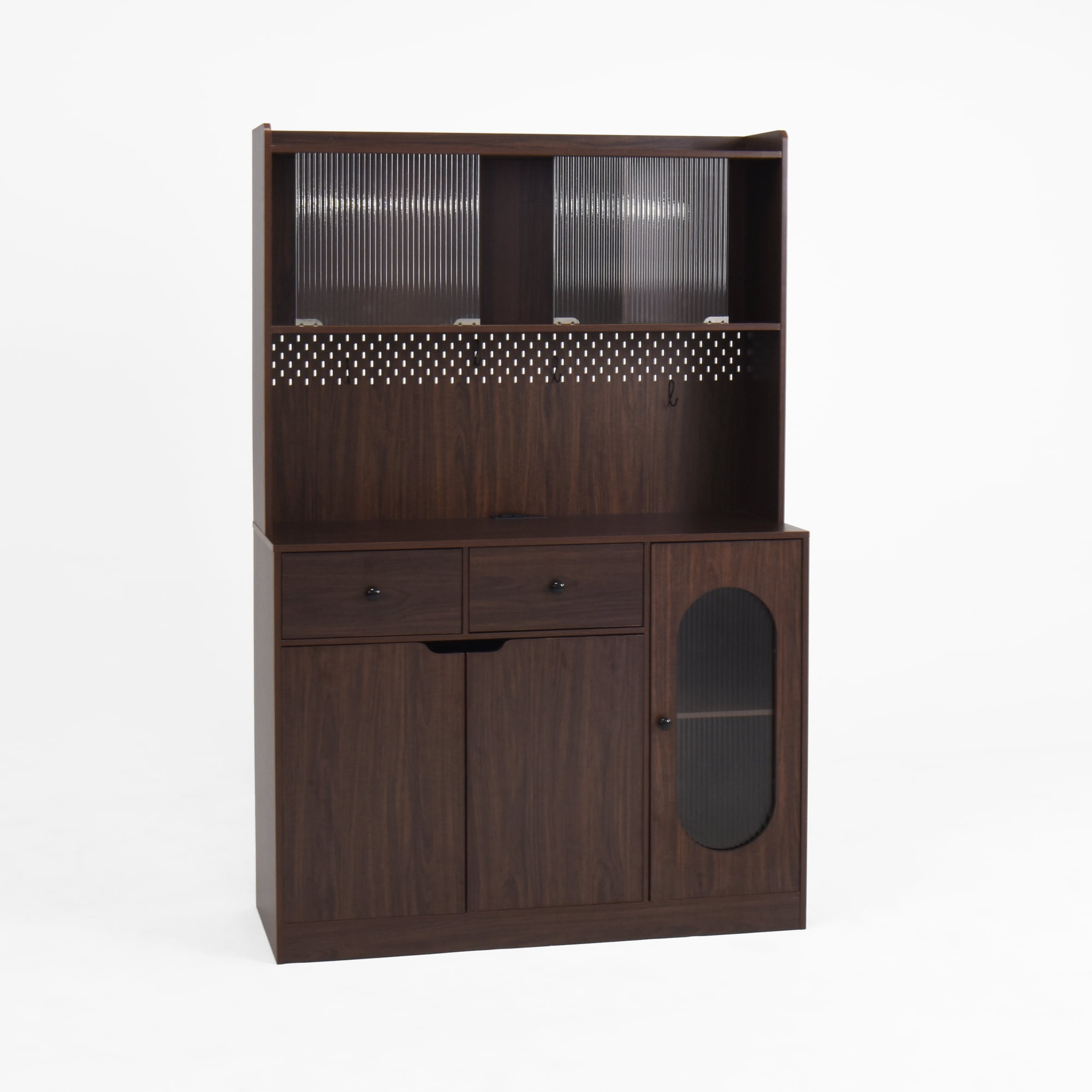 Noble House 71" Tall Kitchen Pantry Storage Cabinet with Microwave Stand, Reeded Glass Doors, Walnut