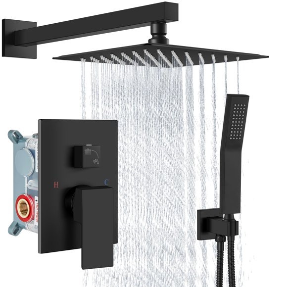 Juego de grifos de ducha Aolemi Rain Shower System, negro mate, 20 cm