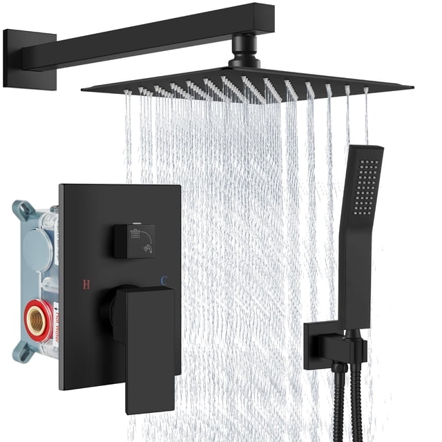 Juego de grifos de ducha Aolemi Rain Shower System, negro mate, 20 cm