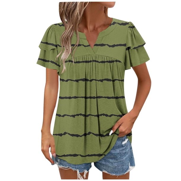 Camisas de Cuello de Tripulación de Manga Corta para las Mujeres Plisado Mangas de Ruffle, Cuello Redondo Casual Primavera Y Blusa de Verano
