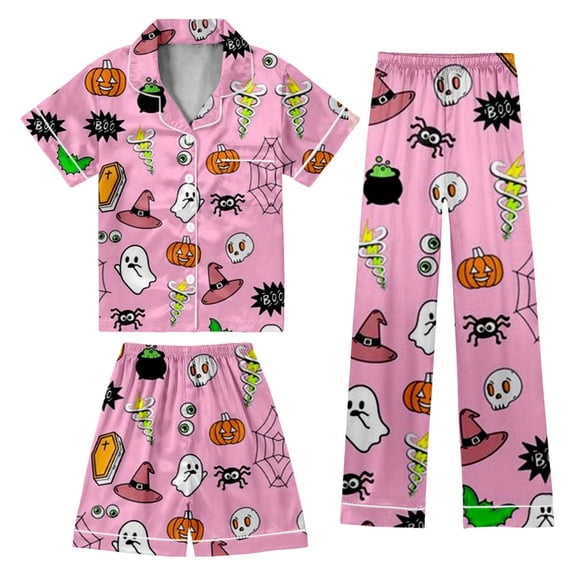 CONZONE Halloween Pajamas for Toddler Girls Printed Short Sleeve Button Down Tops Shorts with Pants Hallowmas Loungewear Cozy 3 Piece Girls Pjs Set Size 3-4 Years