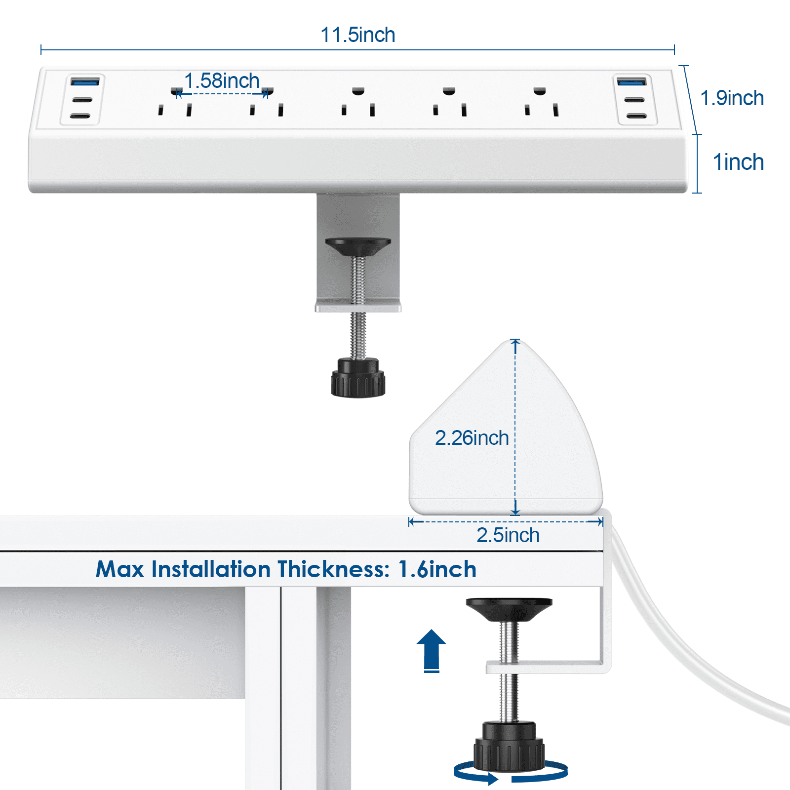 VILONG Desk Clamp Power Strip with USB-C & USB-A Ports–Desktop Edge Mount Surge Protector Power Strip with 5 Outlets–Clamp-on Desk Mounted Power Station for Office Standing Desk,White