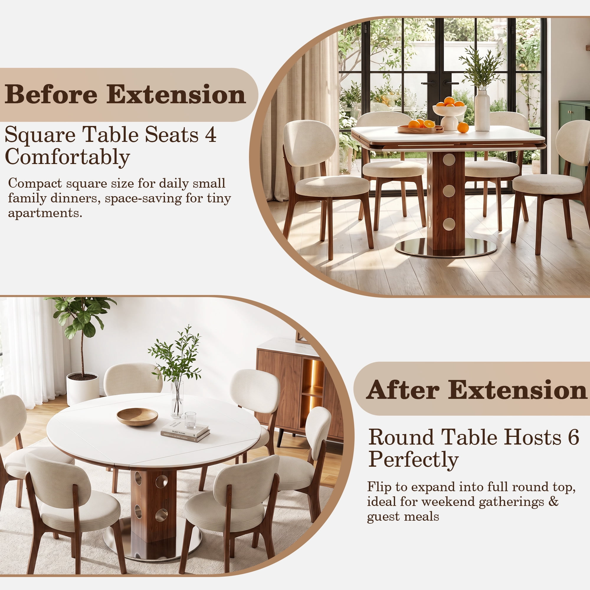 7 Piece Dining Table Set for 6, 47.2" Round Sintered Stone Table with Drop Leaf and 6 Upholstered Chairs