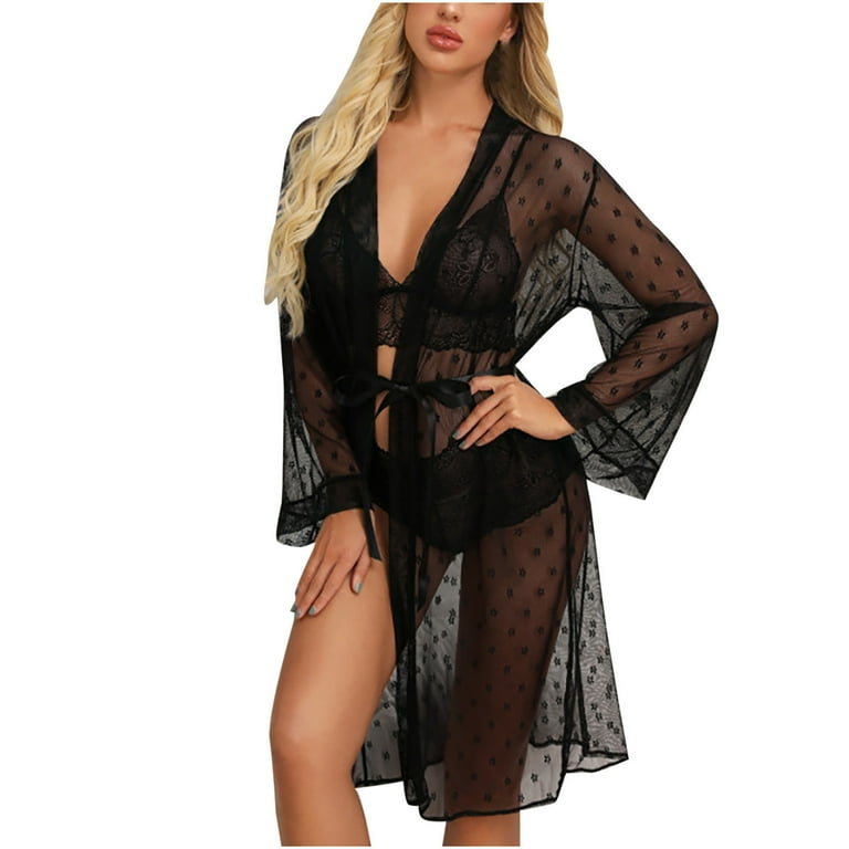 1pc Polyester Transparent Lace Bathrobe Sexy Babydoll Sleeve Robe Women  Intimate