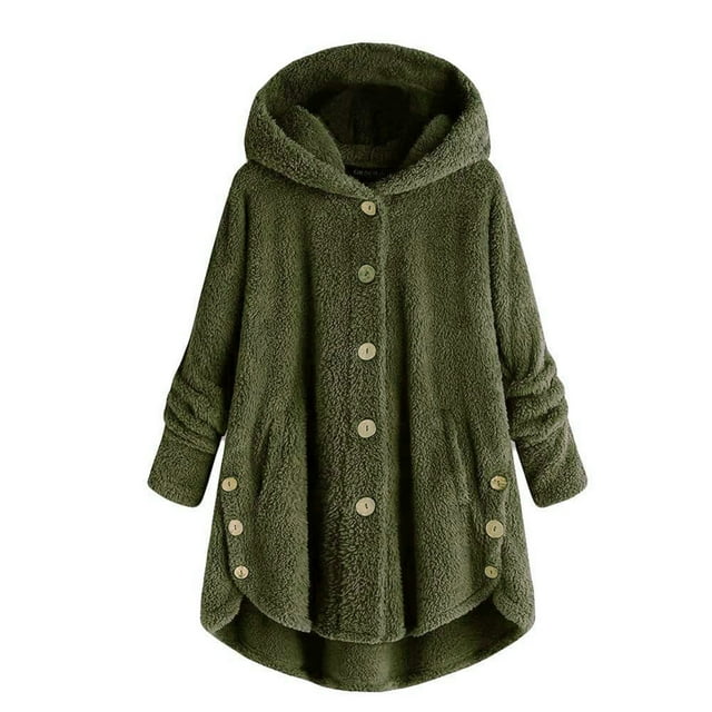 CEHVOM Women Plus Size Button Plush Tops Hooded Loose Cardigan Wool Coat Winter Jacket Clearance