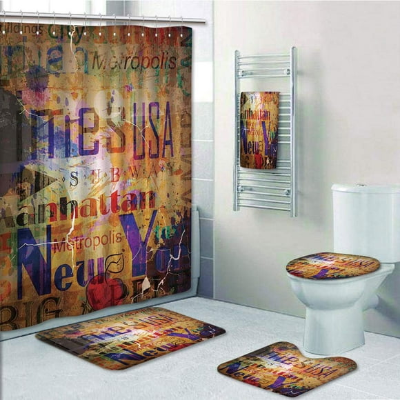 EREHome Grunge Complex Artsy Montage of NYC Letters on Magazine Cover Popular Brooklyn Borough Life 5 Piece Bathroom Set Shower Curtain Bath Towel Bath Rug Contour Mat and Toilet Lid Cover
