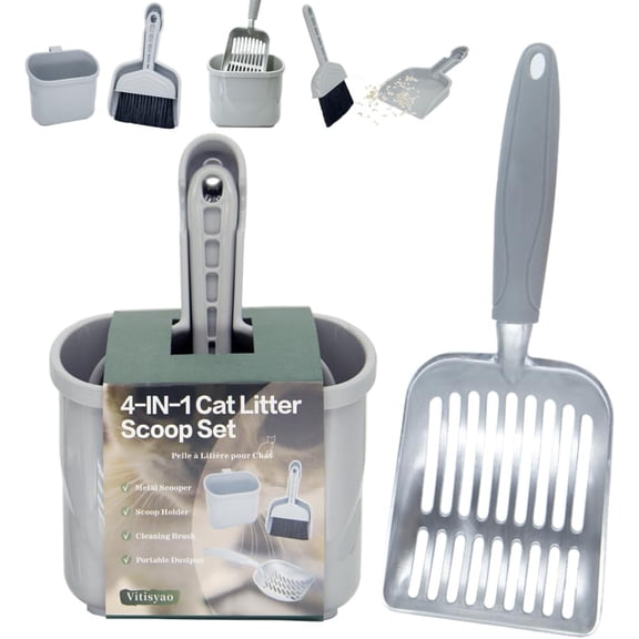 4-in-1 Cat Litter Scoop with Holder, Cat Litter Box Organizer Cleanup Kit - Sweeper & Dustpan, Aluminum Kitty Litter Scooper and Storage Caddy (Gray)