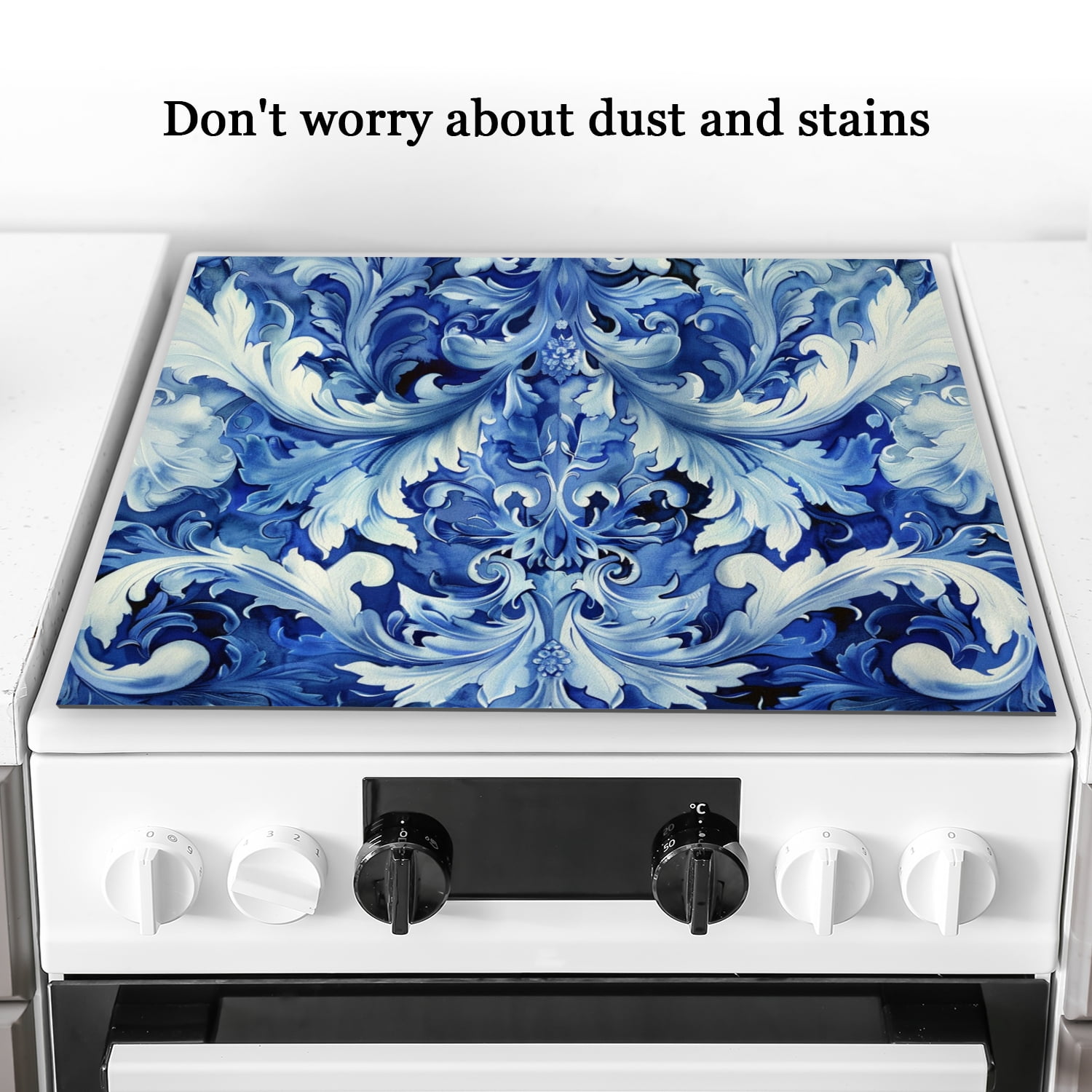 Cooktop Covers For Electric Glass Top, Blue and White Acanthus Leaves Heat Resistant Flat Stove Top Cover, Square Foldable Decoration Mat for kitchen RV (28×20 Inch)