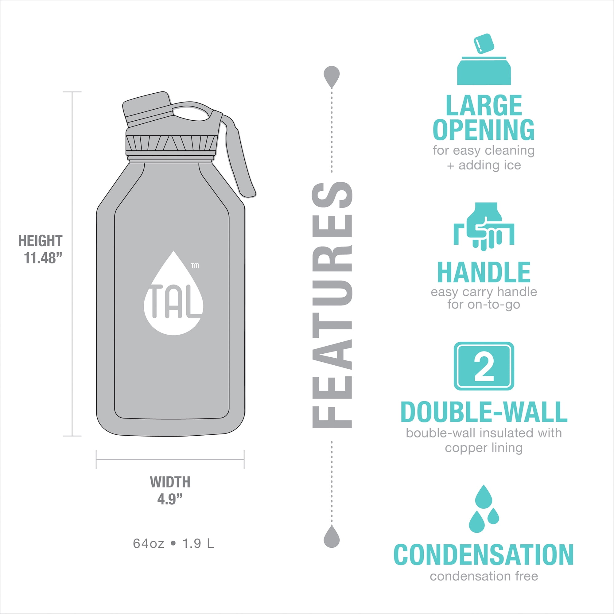 TAL 64 oz Silver Solid Print Stainless Steel Water Bottle