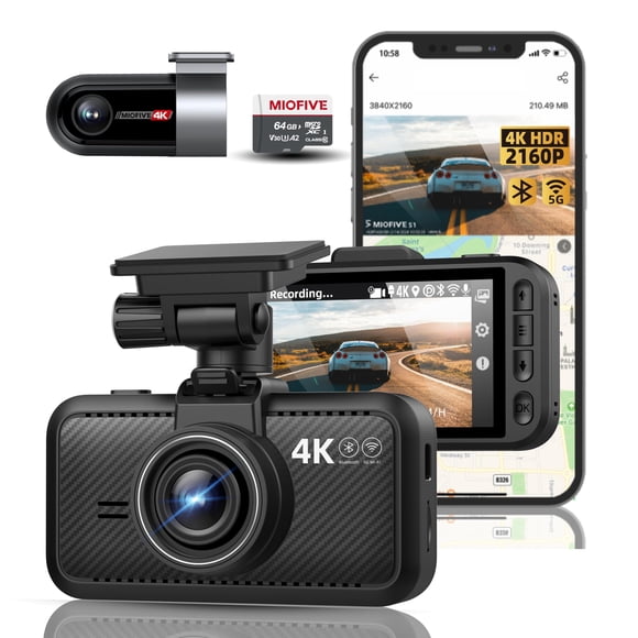 Miofive - Cámara de salpicadero delantera y trasera para coche 4K+4K WiFi Bluetooth con tarjeta SD de 64 GB, cámara dual para coche con monitoreo de estacionamiento, visión nocturna superHDR, sensor