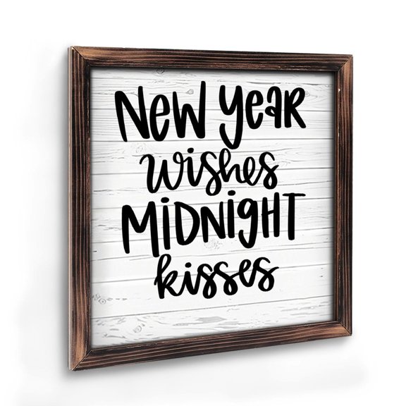 Vintage Wooden Art Decoration , “ New Year Wishes And Kisses ” - 8 * 8 Inch Wall Decoration for Home, Living Room, Bathroom, Bedroom, Garden, Dining, Bar, Cafe, Festival Party Decor
