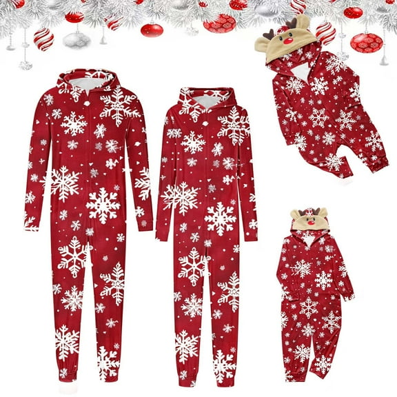 Meichang Matching Family Christmas Pajamas Hooded Onesie Long Sleeve Jumpsuit with Christmas Print Cozy Sleepwear for All