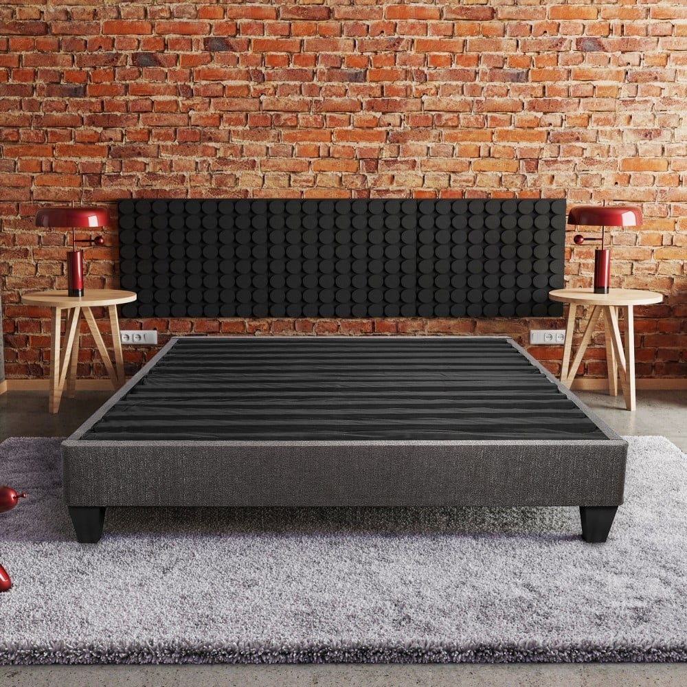 Queen-Size 14 in. Contemporary Upholstered Bed Frame Base with Dark Gray Fabric