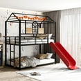 thumbnail image 1 of Twin Over Twin Low Bunk Bed for Kids, Twin Size Metal Bunk Beds with Integrated Ladder and Roof, House Bunk Bed Metal Housebed with Slide and Full-Length Guardrails, No Box Spring Needed, Black+Red, 1 of 7