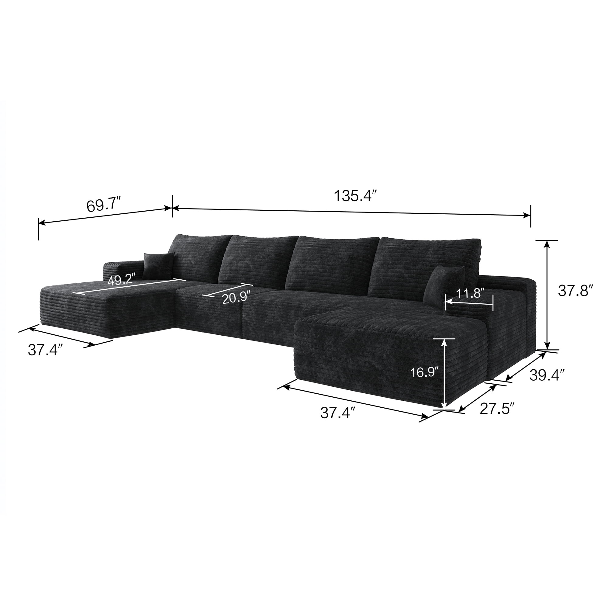 MAYEERTY 135" Cloud Sectional Couch Modern Modular Sofa for Living Room No Assembly Required, BLACK