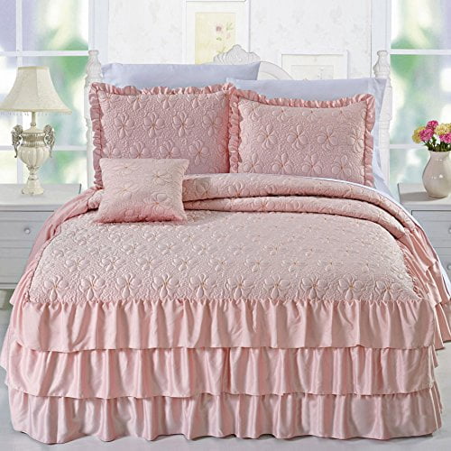 Serenta Ensemble de Couvre-Lit Matelassé à Volants en Satin Mat 4 Pcs, Rose, Queen