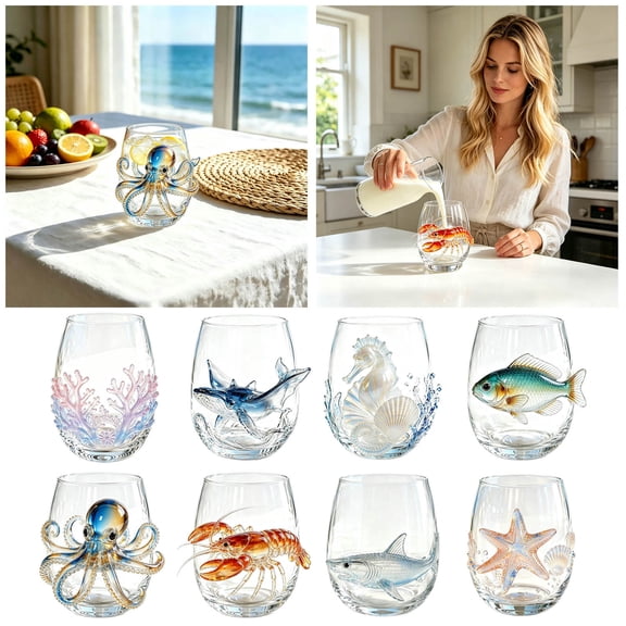 Artisanal Blue Ringed Octopus Glassware, 3D Octopuses Stemless Glasses, Handcrafted Marine Animal Bar Glass, Coastal Home Decor Gift for Ocean Lovers (Octopus)