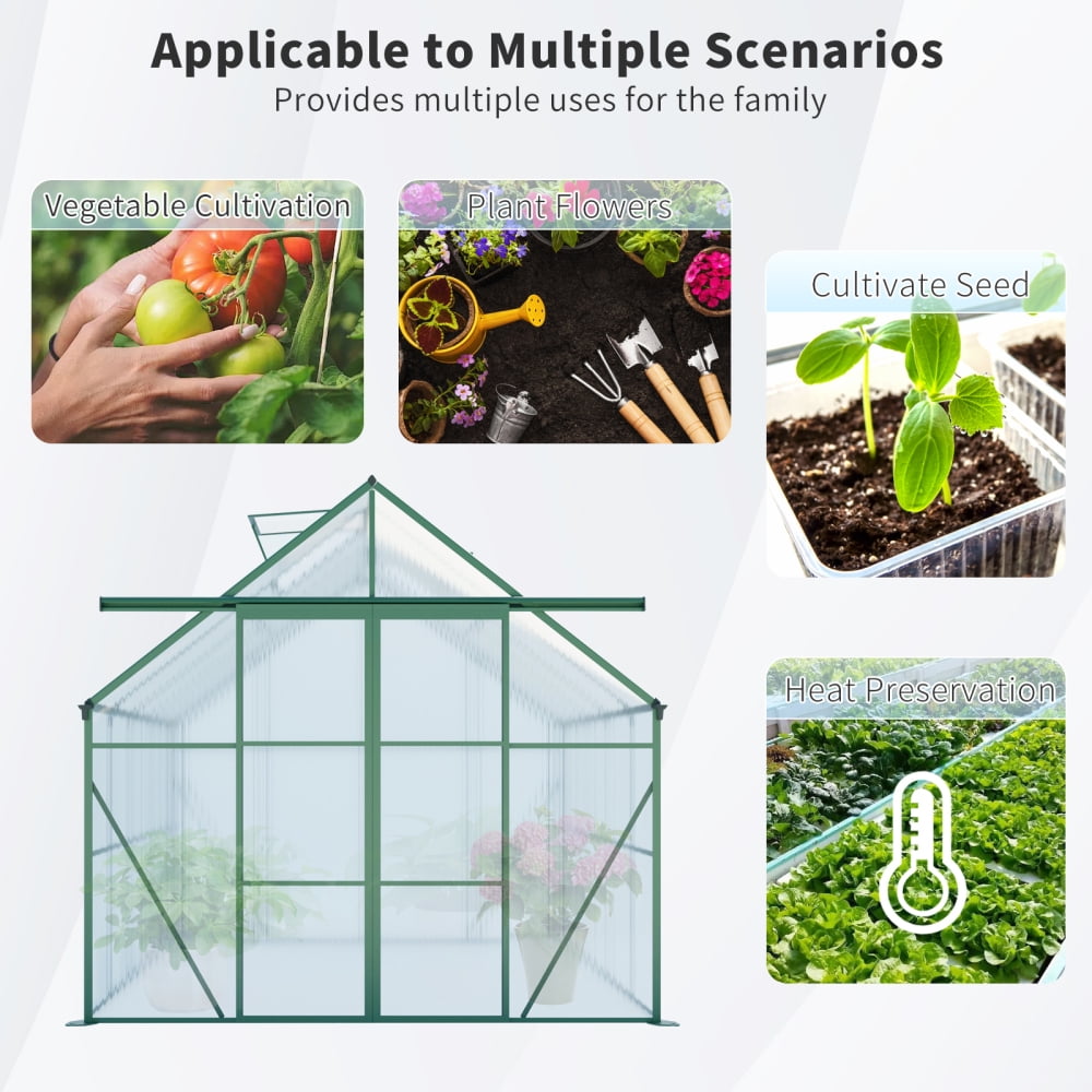 8x6 FT Green Polycarbonate Greenhouse, Double Door Walk-In Design with Anchored Base for All-Season Use
