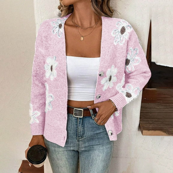ClodeEU Cardigan Sweaters for Women , V Neck Floral Print Long Sleeve Button Down Knit Sweaters Pink,Womens Plus M