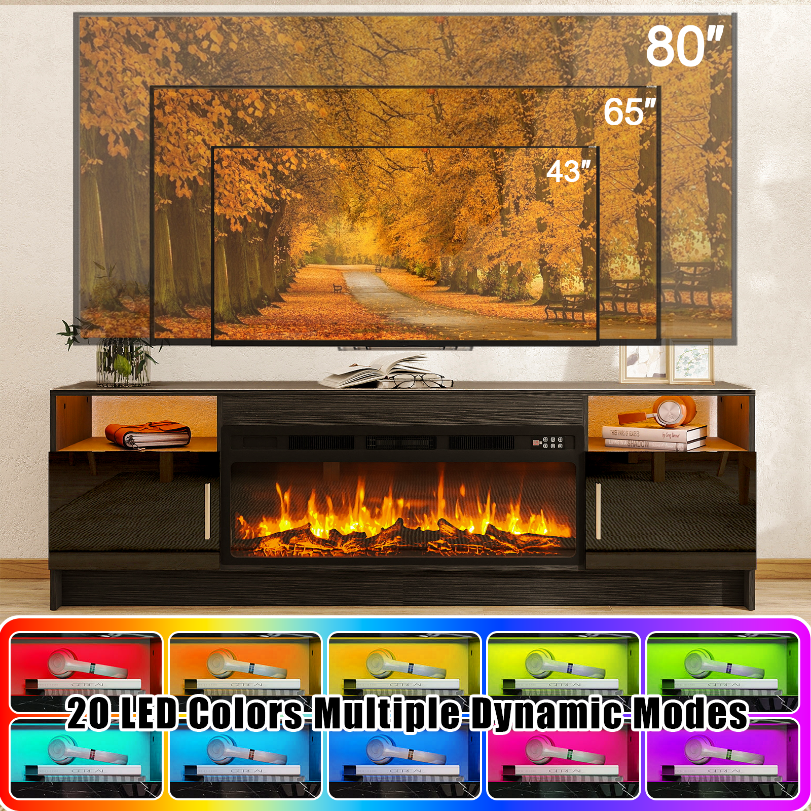 Rocyis 70” TV Stand with 3D Realistic Log Flame Electric Fireplace, Entertainment Center for TVs Up to 80-Inch, Modern TV Console with High Glossy Doors & LED Lights, Black
