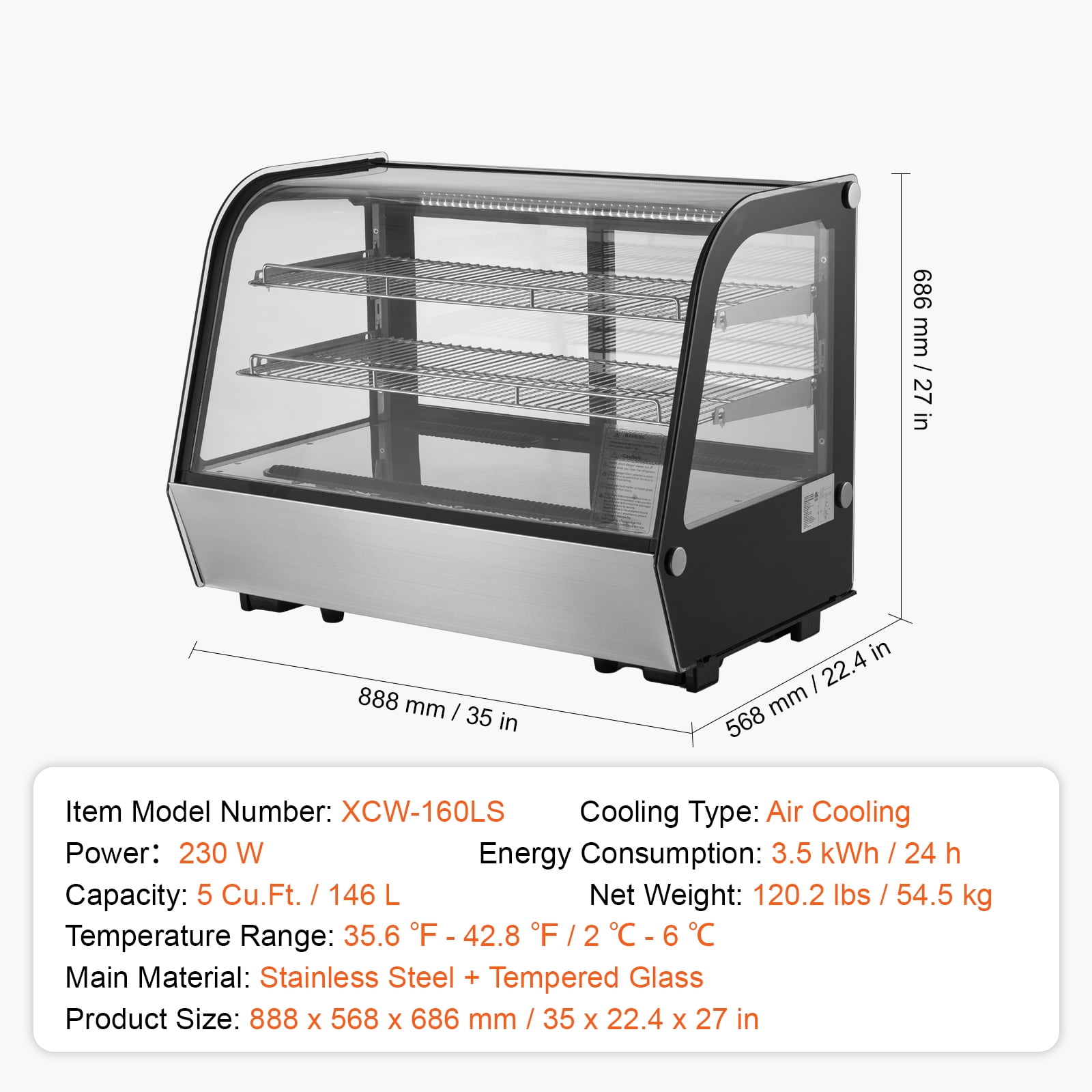 KFFKFF Chilled Display Unit, 5 Cu.Ft./146L Tabletop Dessert Showcase, Dual-Level Professional Display Fridge with Illuminated LED, Rapid Cooling, No-Frost Air-Circulation, Ideal for Bakehouse